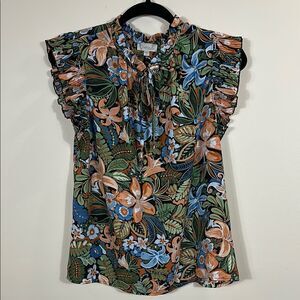 Chenault Garden Floral Tropical Summer Hawaii Shortsleeve Top Women Size Medium